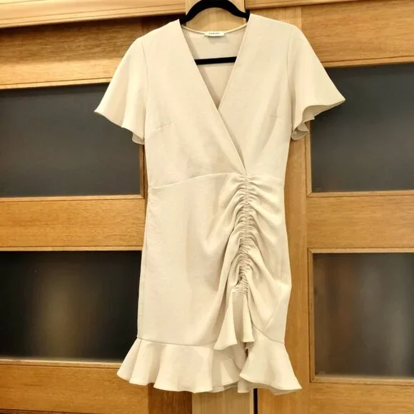 SANDRO~ALBI Ruched Ruffled Crepe Mini Dress~ Beige~EU 36 - Picture 3 of 7